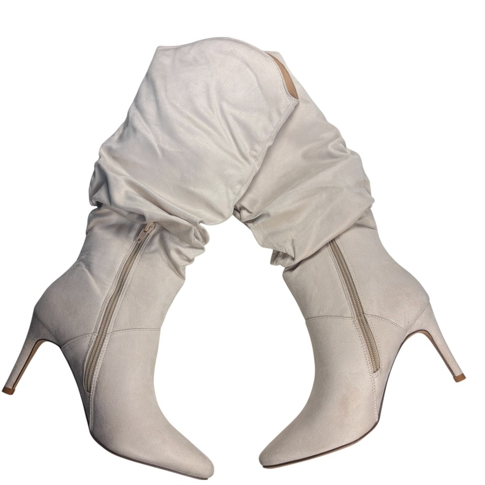 Coutgo Women's Knee High Boots Beige Slouchy Suede Stiletto‎ Zip Heel Size 7 NWB